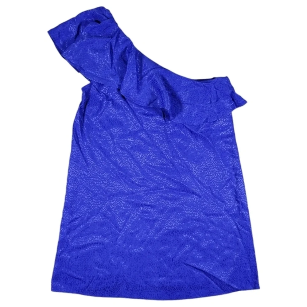 Anthropologie Mini Dress Womens 4 Petite Royal Blue Cheetah Ruffled One Shoulder
